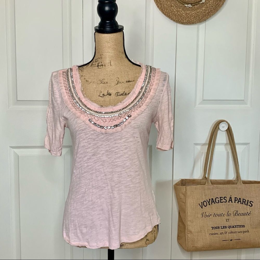 Anthropologie Deletta Pink Bejeweled Neckline Tee
